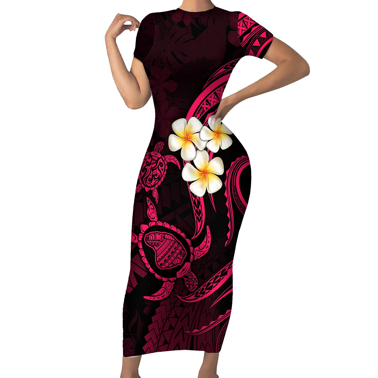 Hawaii Short Sleeve Bodycon Dress Lanai Islands Polynesian Sunset Plumeria Pink Vibe - Wonder Print Shop