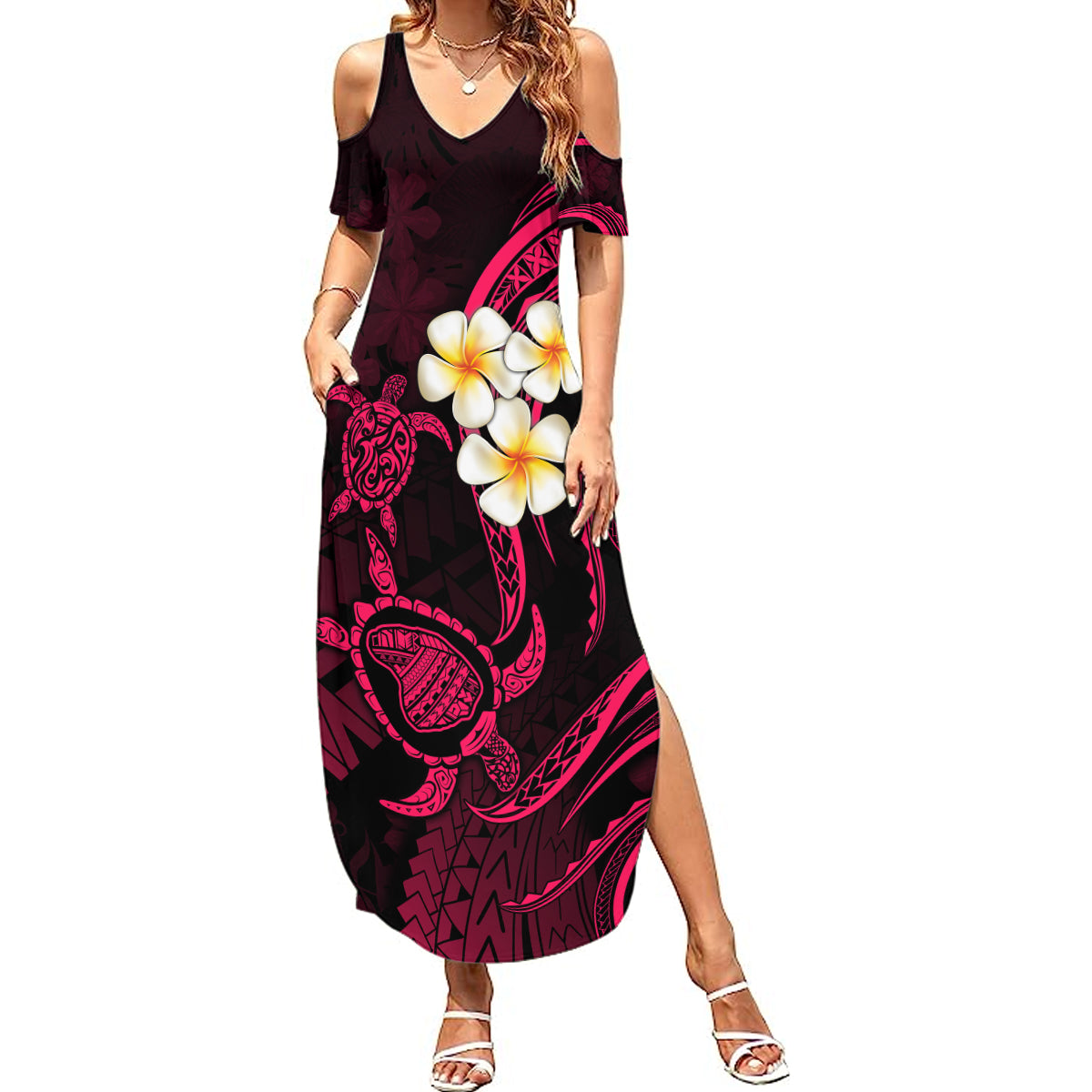 Hawaii Summer Maxi Dress Lanai Islands Polynesian Sunset Plumeria Pink Vibe - Wonder Print Shop