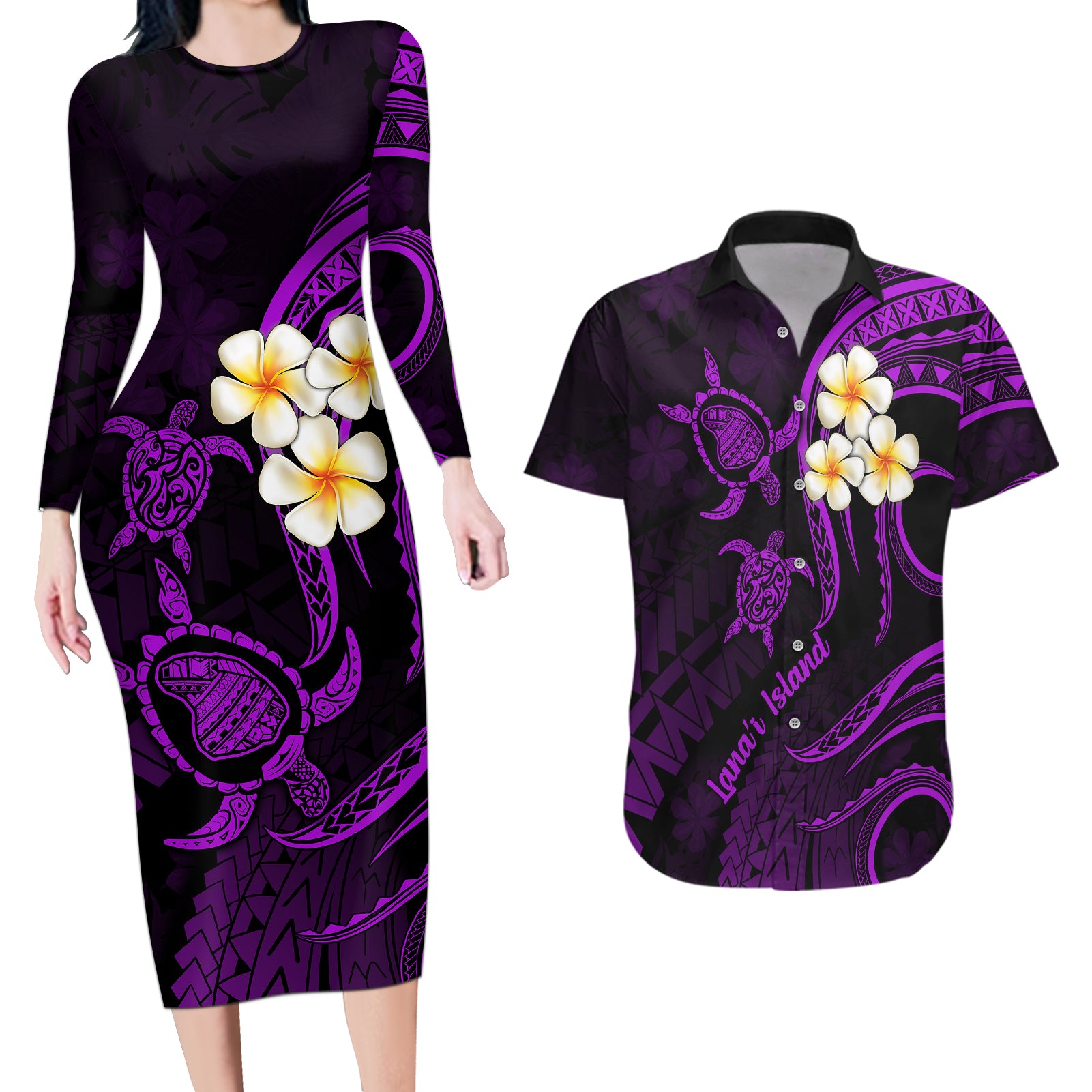 Polynesian Hawaii Couples Long Sleeve Bodycon Dress and Hawaiian Shirt Lanai Islands with Pacific Plumeria Purple Vibe LT9 - Wonder Print Shop