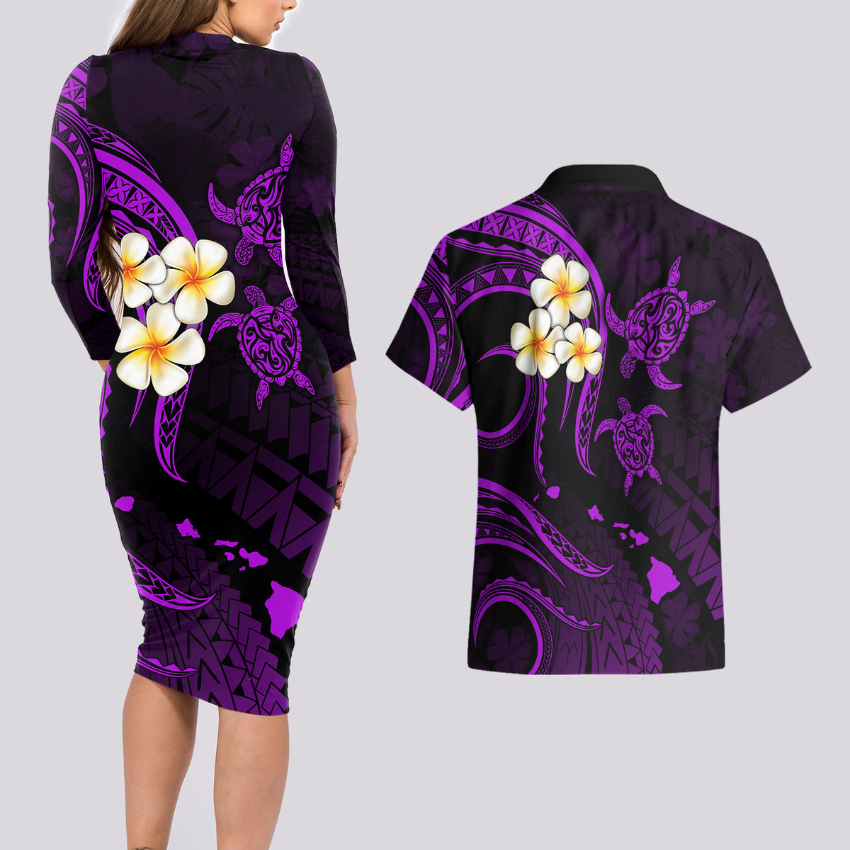 Polynesian Hawaii Couples Long Sleeve Bodycon Dress and Hawaiian Shirt Lanai Islands with Pacific Plumeria Purple Vibe LT9 - Wonder Print Shop