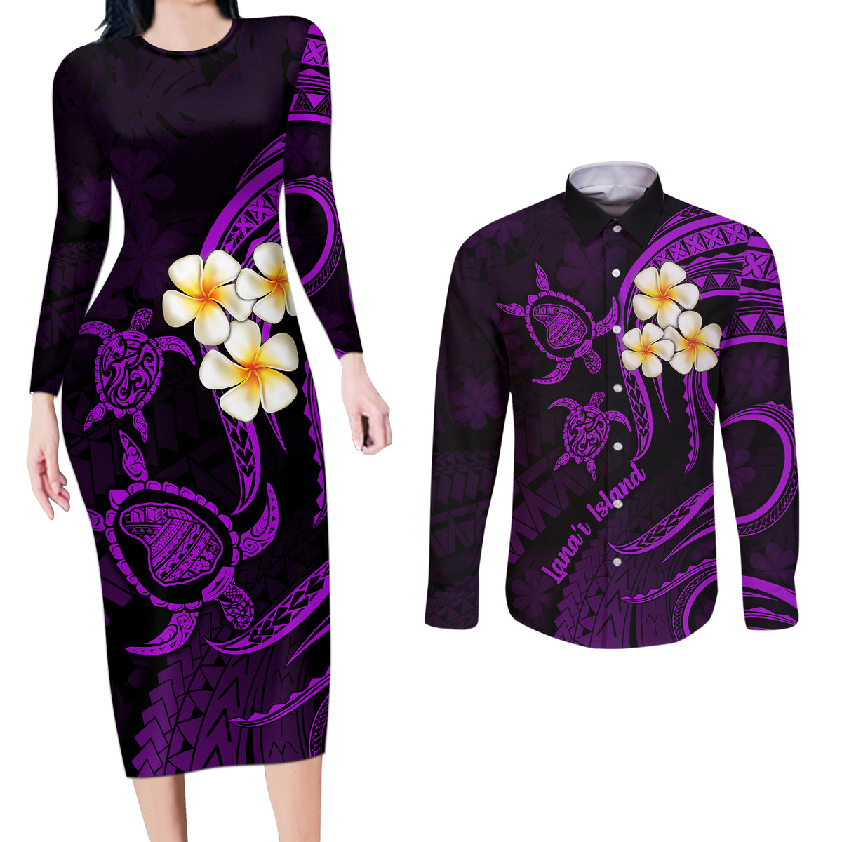 Polynesian Hawaii Couples Long Sleeve Bodycon Dress and Long Sleeve Button Shirts Lanai Islands with Pacific Plumeria Purple Vibe LT9 - Wonder Print Shop