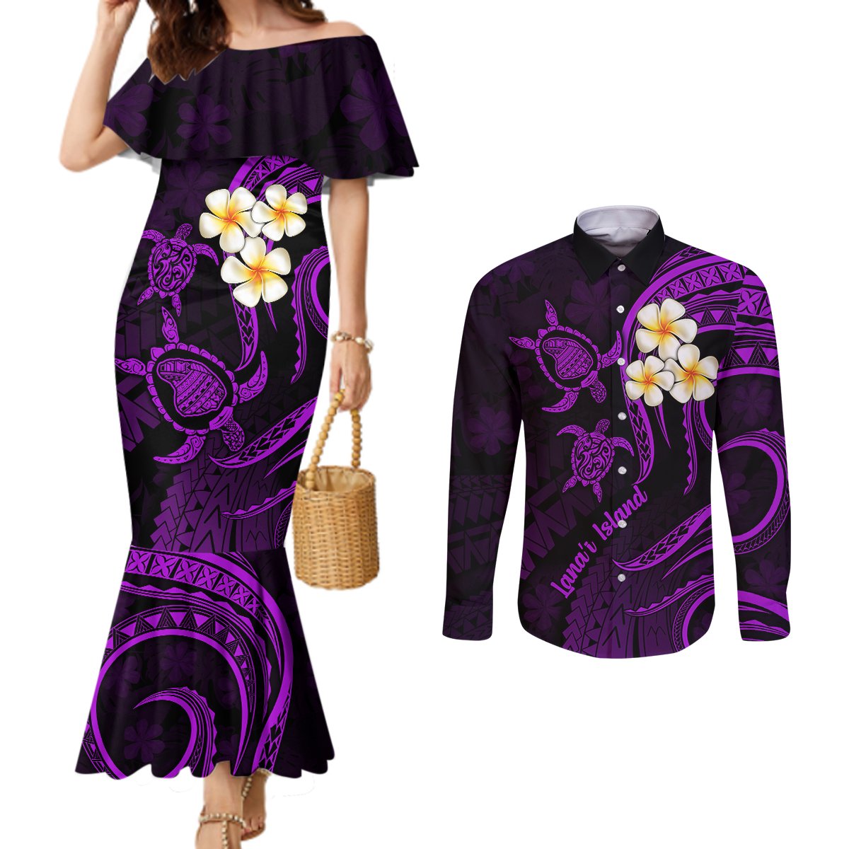 polynesian-hawaii-couples-mermaid-dress-and-long-sleeve-button-shirts-lanai-islands-with-pacific-plumeria-purple-vibe