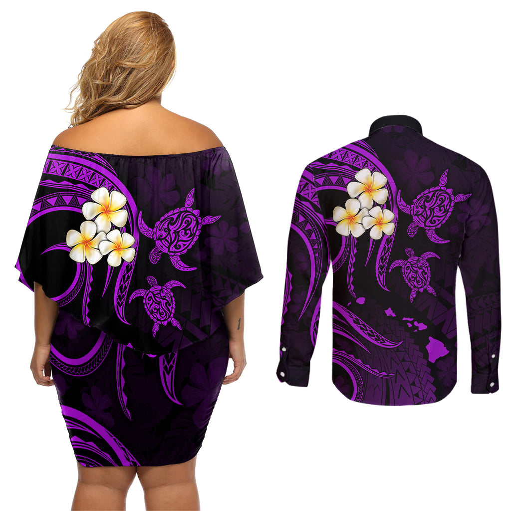 Polynesian Hawaii Couples Off Shoulder Short Dress and Long Sleeve Button Shirts Lanai Islands with Pacific Plumeria Purple Vibe LT9 - Wonder Print Shop