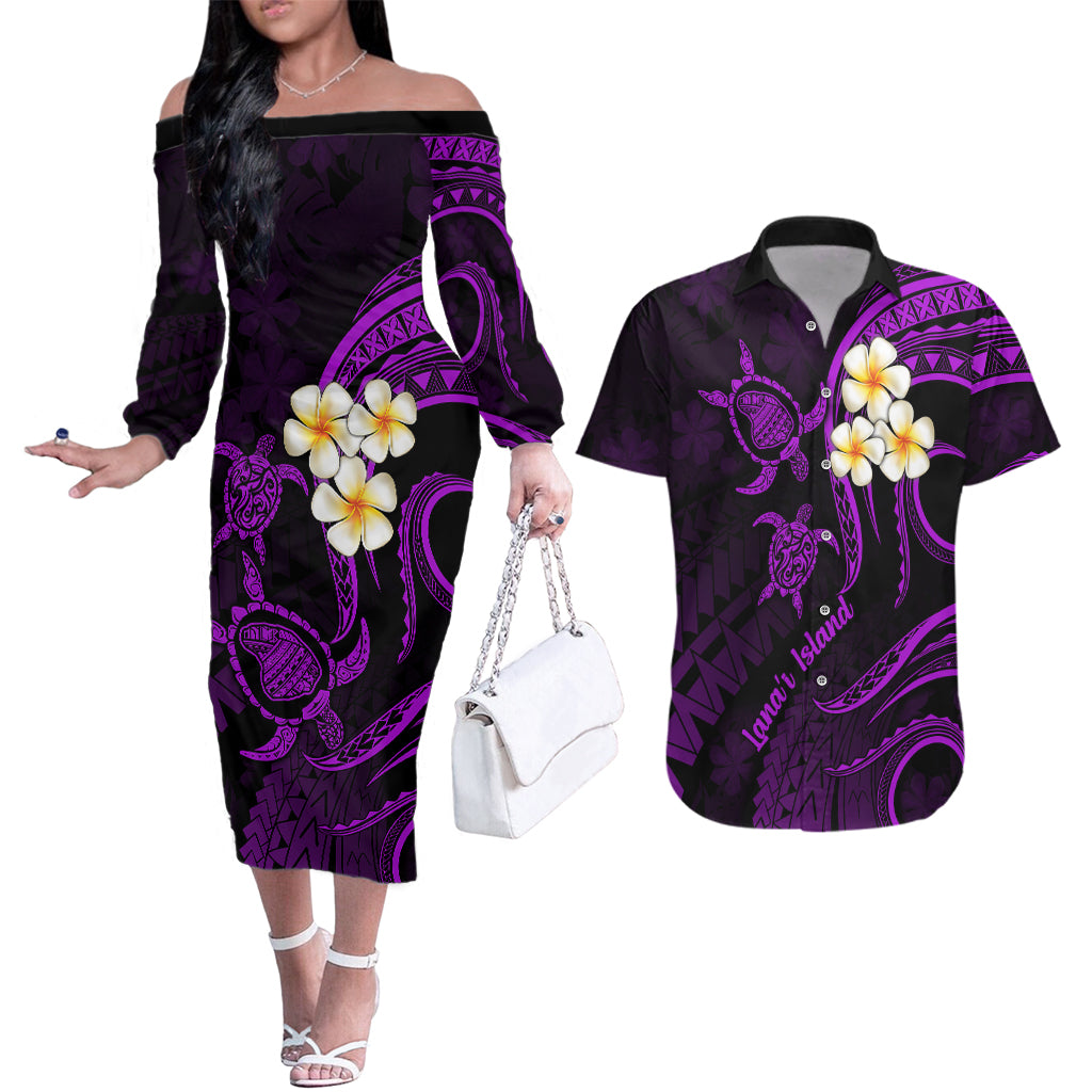 Polynesian Hawaii Couples Off The Shoulder Long Sleeve Dress and Hawaiian Shirt Lanai Islands with Pacific Plumeria Purple Vibe LT9 - Wonder Print Shop
