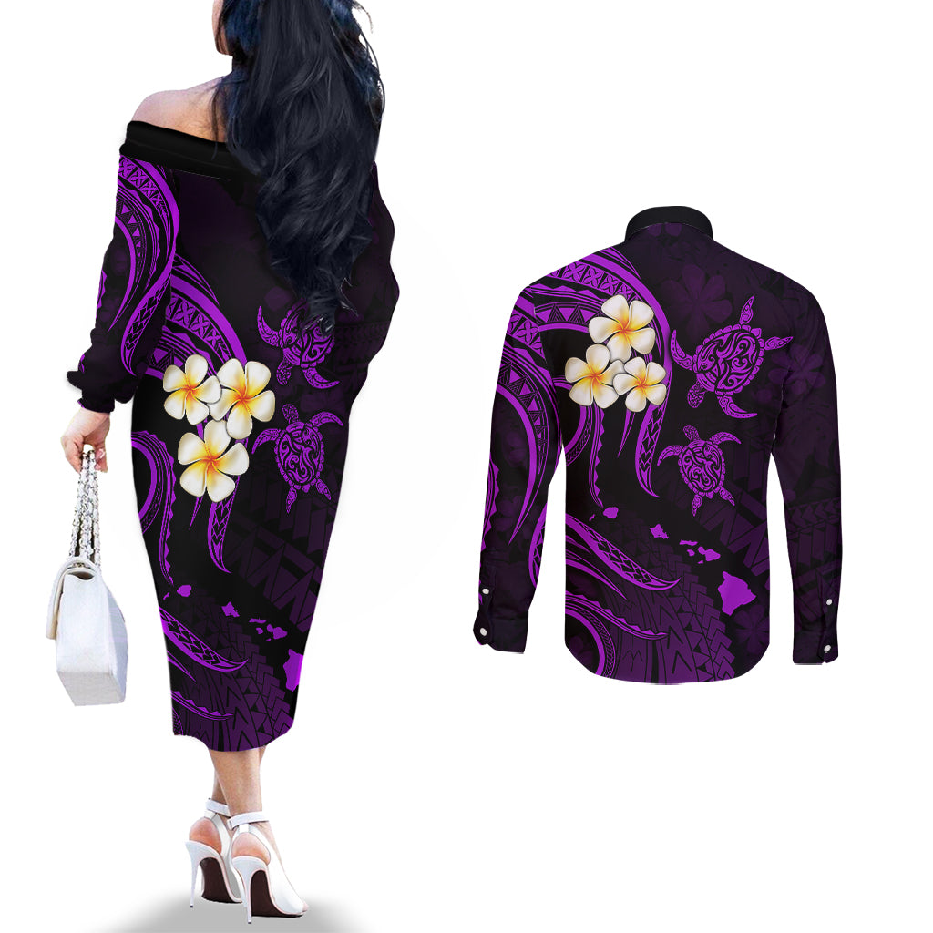 polynesian-hawaii-couples-off-the-shoulder-long-sleeve-dress-and-long-sleeve-button-shirts-lanai-islands-with-pacific-plumeria-purple-vibe