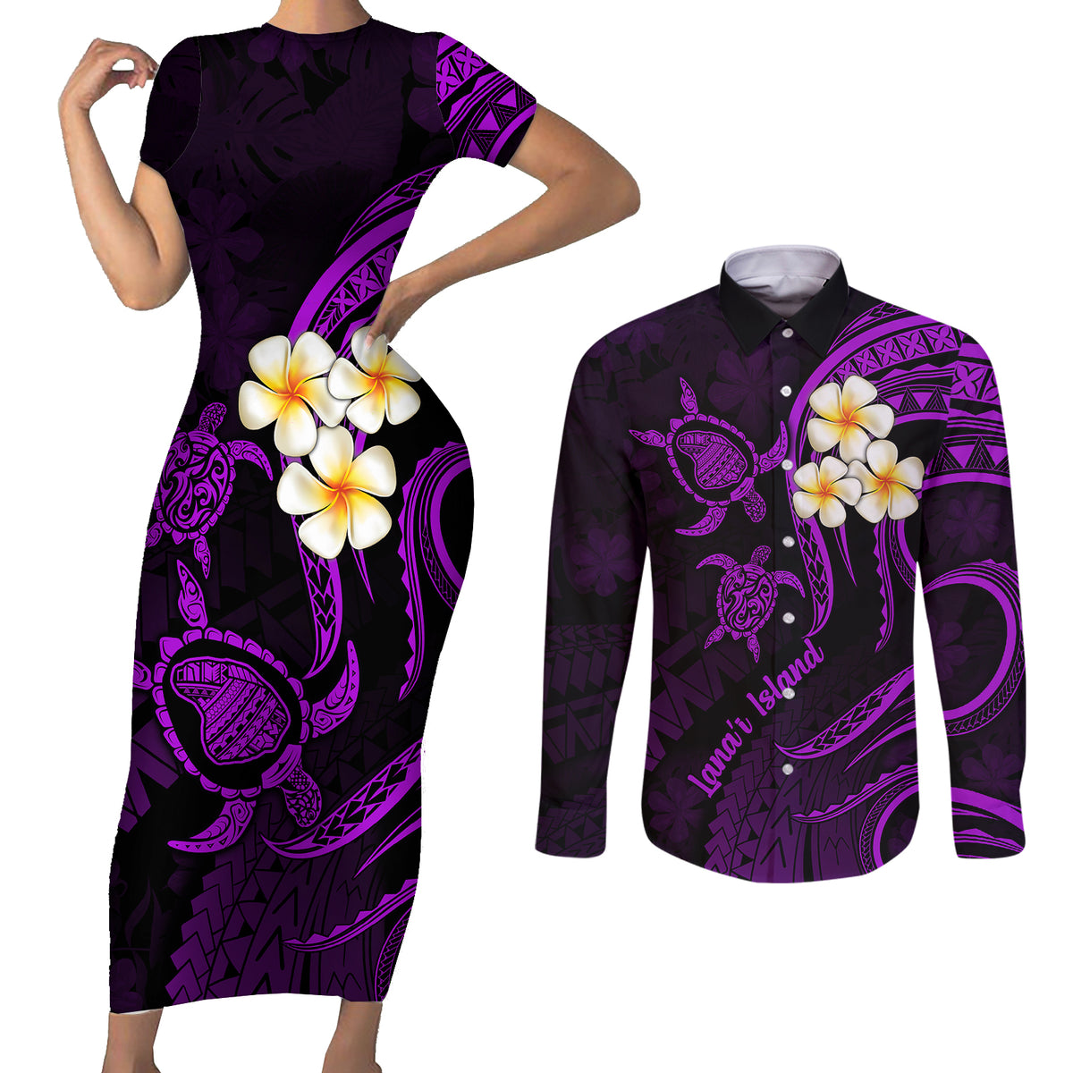 Polynesian Hawaii Couples Short Sleeve Bodycon Dress and Long Sleeve Button Shirts Lanai Islands with Pacific Plumeria Purple Vibe LT9 - Wonder Print Shop