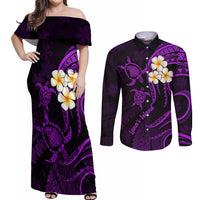 Polynesian Hawaii Couples Off Shoulder Maxi Dress and Long Sleeve Button Shirts Lanai Islands with Pacific Plumeria Purple Vibe LT9 - Wonder Print Shop