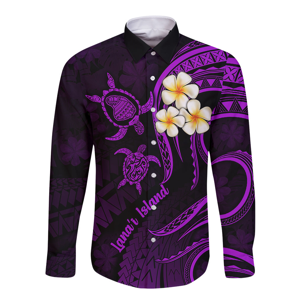 Polynesian Hawaii Long Sleeve Button Shirt Lanai Islands with Pacific Plumeria Purple Vibe - Wonder Print Shop