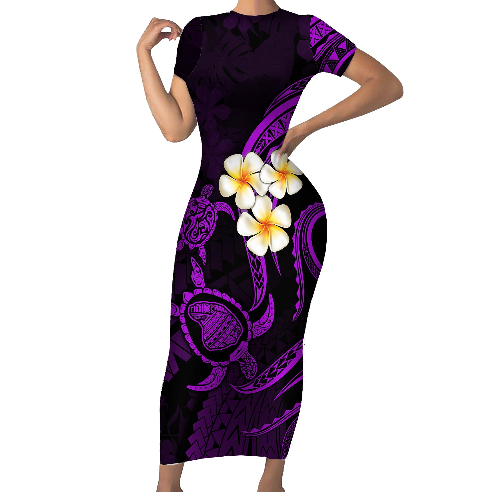 Polynesian Hawaii Short Sleeve Bodycon Dress Lanai Islands with Pacific Plumeria Purple Vibe - Wonder Print Shop