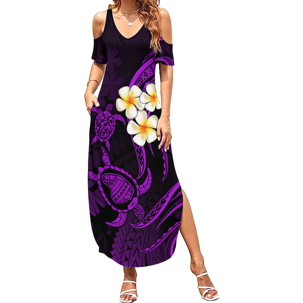 Polynesian Hawaii Summer Maxi Dress Lanai Islands with Pacific Plumeria Purple Vibe - Wonder Print Shop