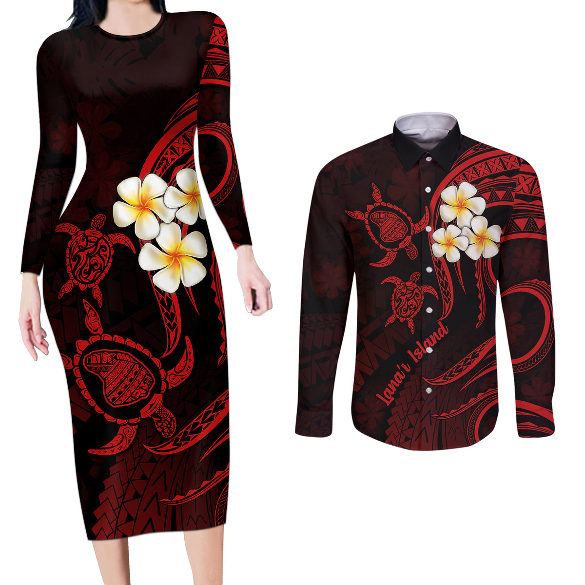 Polynesian Hawaii Couples Long Sleeve Bodycon Dress and Long Sleeve Button Shirts Lanai Islands with Pacific Plumeria Red Vibe LT9 - Wonder Print Shop