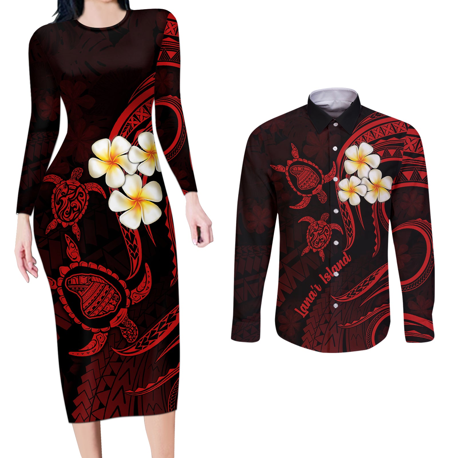Polynesian Hawaii Couples Long Sleeve Bodycon Dress and Long Sleeve Button Shirts Lanai Islands with Pacific Plumeria Red Vibe LT9 - Wonder Print Shop