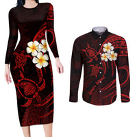 Polynesian Hawaii Couples Long Sleeve Bodycon Dress and Long Sleeve Button Shirts Lanai Islands with Pacific Plumeria Red Vibe LT9 - Wonder Print Shop