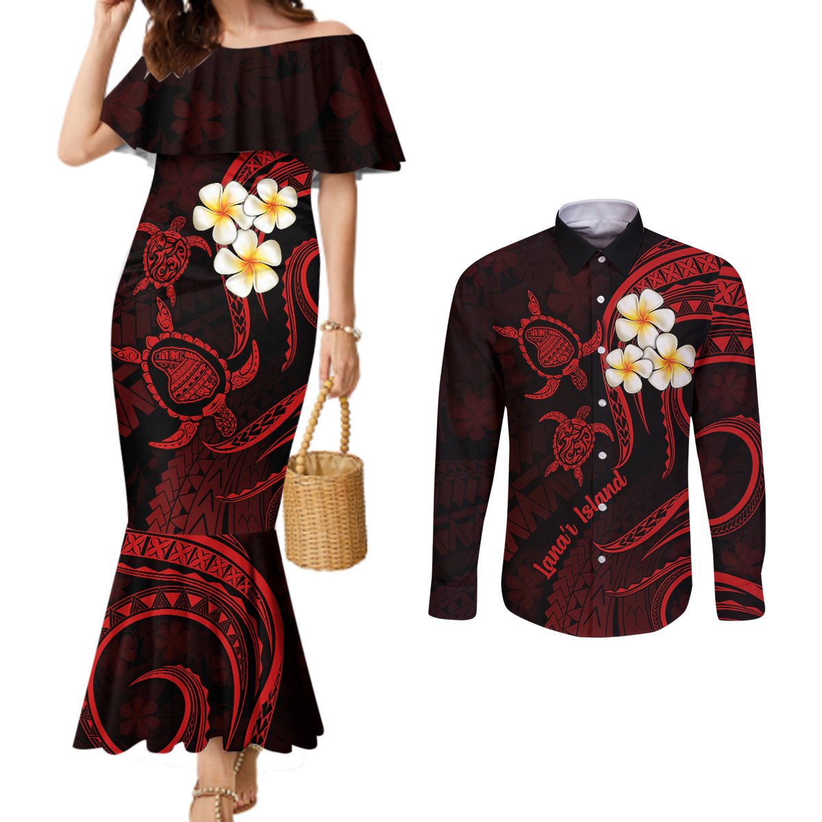 polynesian-hawaii-couples-mermaid-dress-and-long-sleeve-button-shirts-lanai-islands-with-pacific-plumeria-red-vibe
