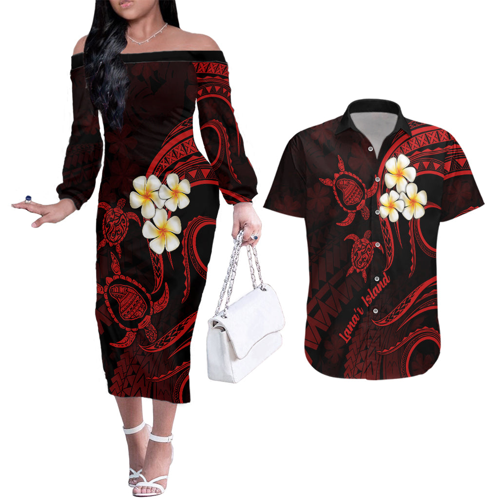 Polynesian Hawaii Couples Off The Shoulder Long Sleeve Dress and Hawaiian Shirt Lanai Islands with Pacific Plumeria Red Vibe LT9 - Wonder Print Shop
