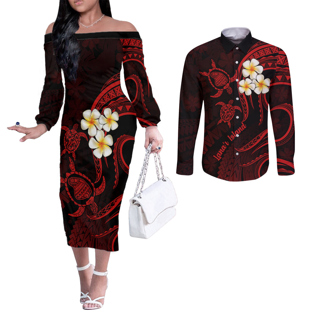 polynesian-hawaii-couples-off-the-shoulder-long-sleeve-dress-and-long-sleeve-button-shirts-lanai-islands-with-pacific-plumeria-red-vibe