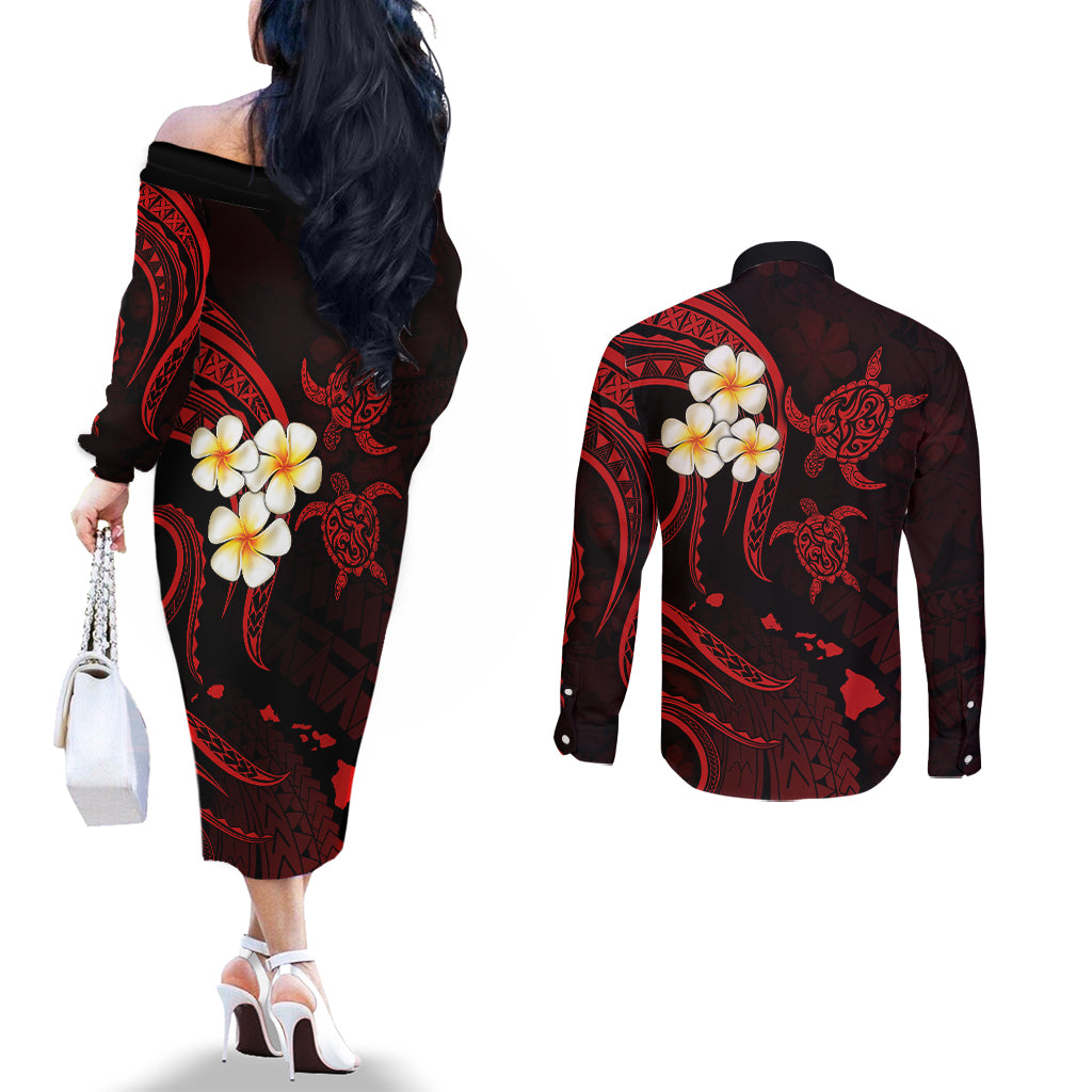 polynesian-hawaii-couples-off-the-shoulder-long-sleeve-dress-and-long-sleeve-button-shirts-lanai-islands-with-pacific-plumeria-red-vibe