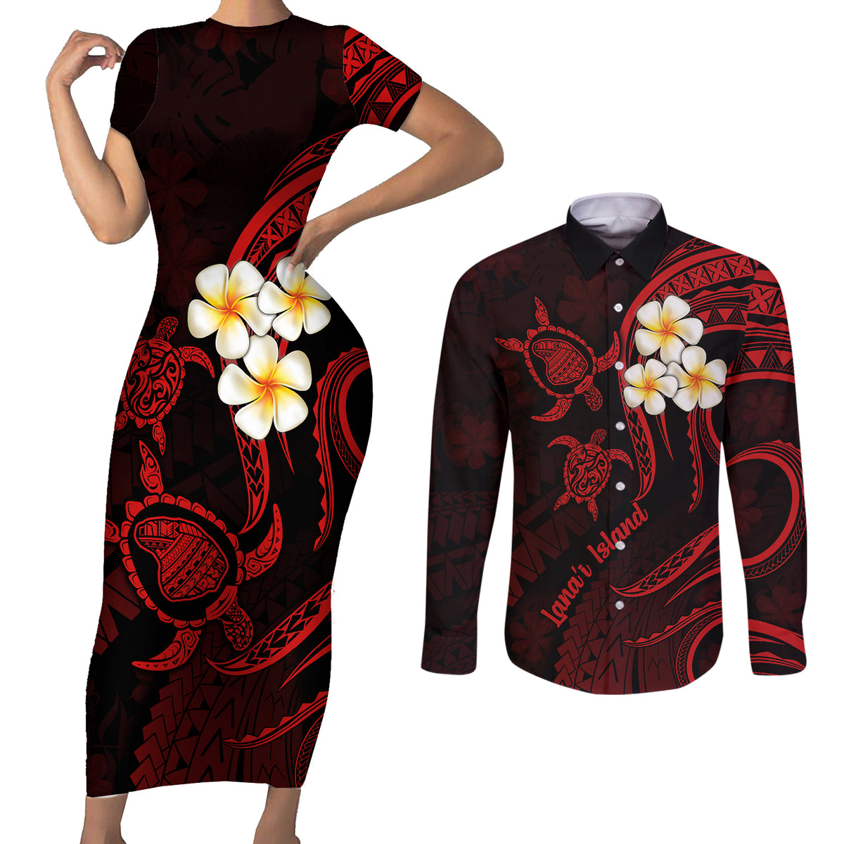 Polynesian Hawaii Couples Short Sleeve Bodycon Dress and Long Sleeve Button Shirts Lanai Islands with Pacific Plumeria Red Vibe LT9 - Wonder Print Shop