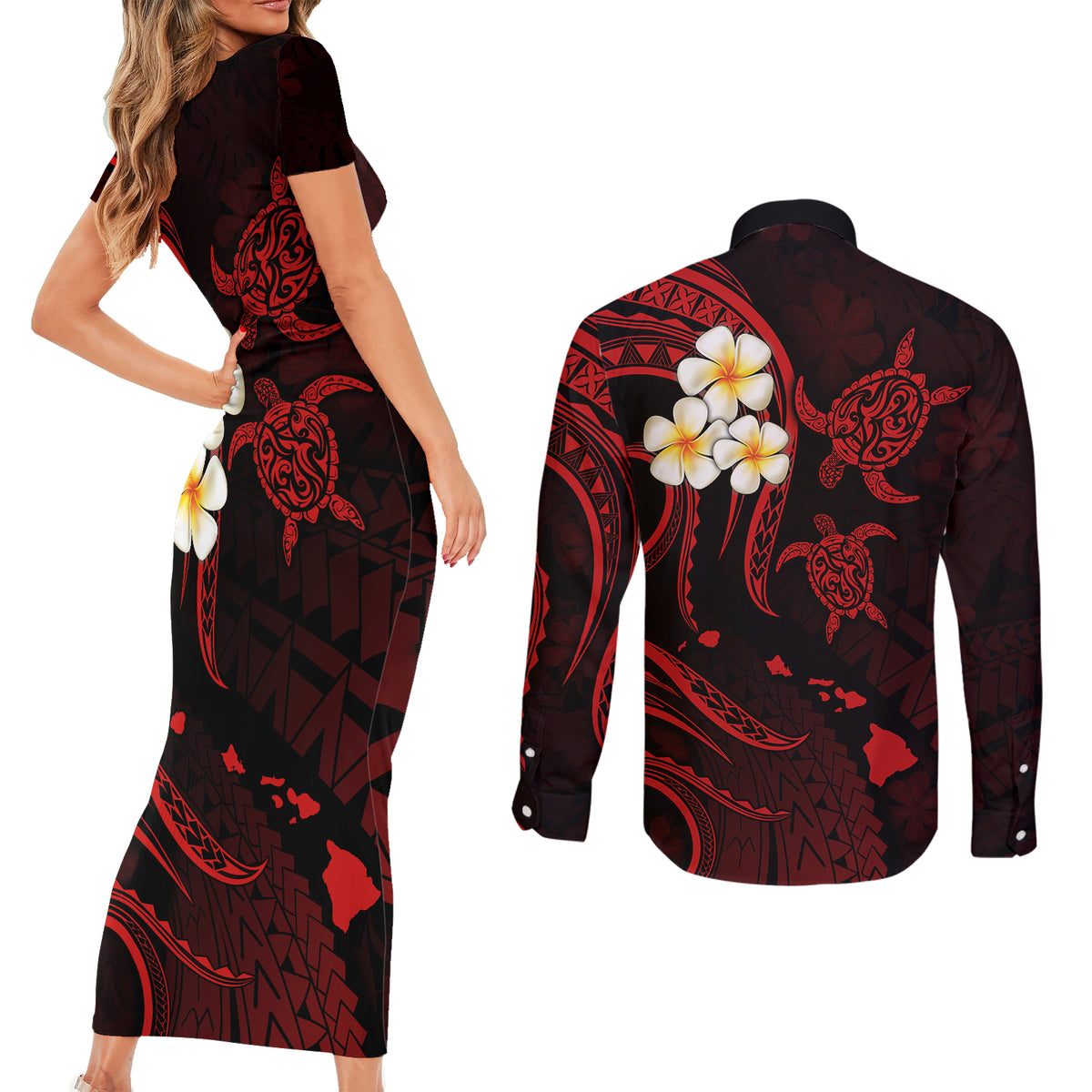 Polynesian Hawaii Couples Short Sleeve Bodycon Dress and Long Sleeve Button Shirts Lanai Islands with Pacific Plumeria Red Vibe LT9 - Wonder Print Shop
