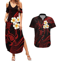 Polynesian Hawaii Couples Summer Maxi Dress and Hawaiian Shirt Lanai Islands with Pacific Plumeria Red Vibe LT9 - Wonder Print Shop