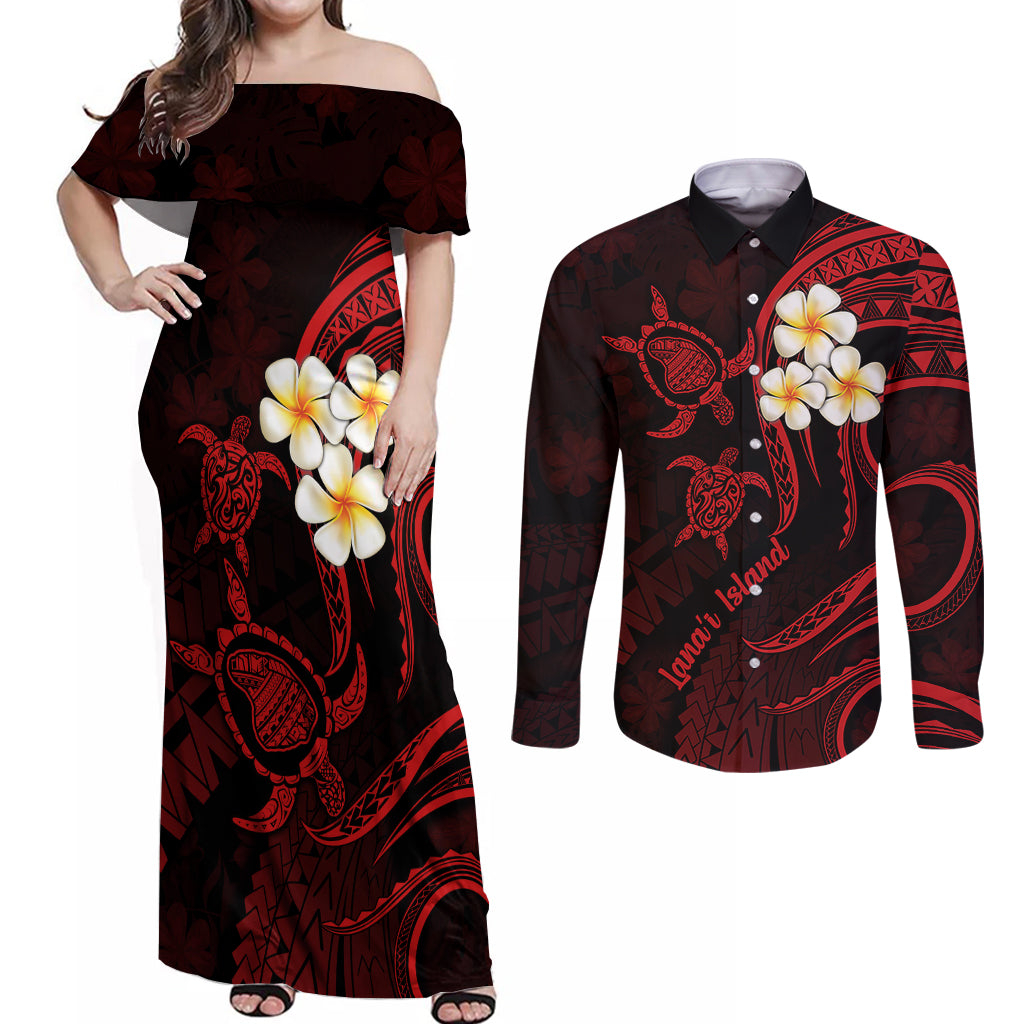 Polynesian Hawaii Couples Off Shoulder Maxi Dress and Long Sleeve Button Shirts Lanai Islands with Pacific Plumeria Red Vibe LT9 - Wonder Print Shop