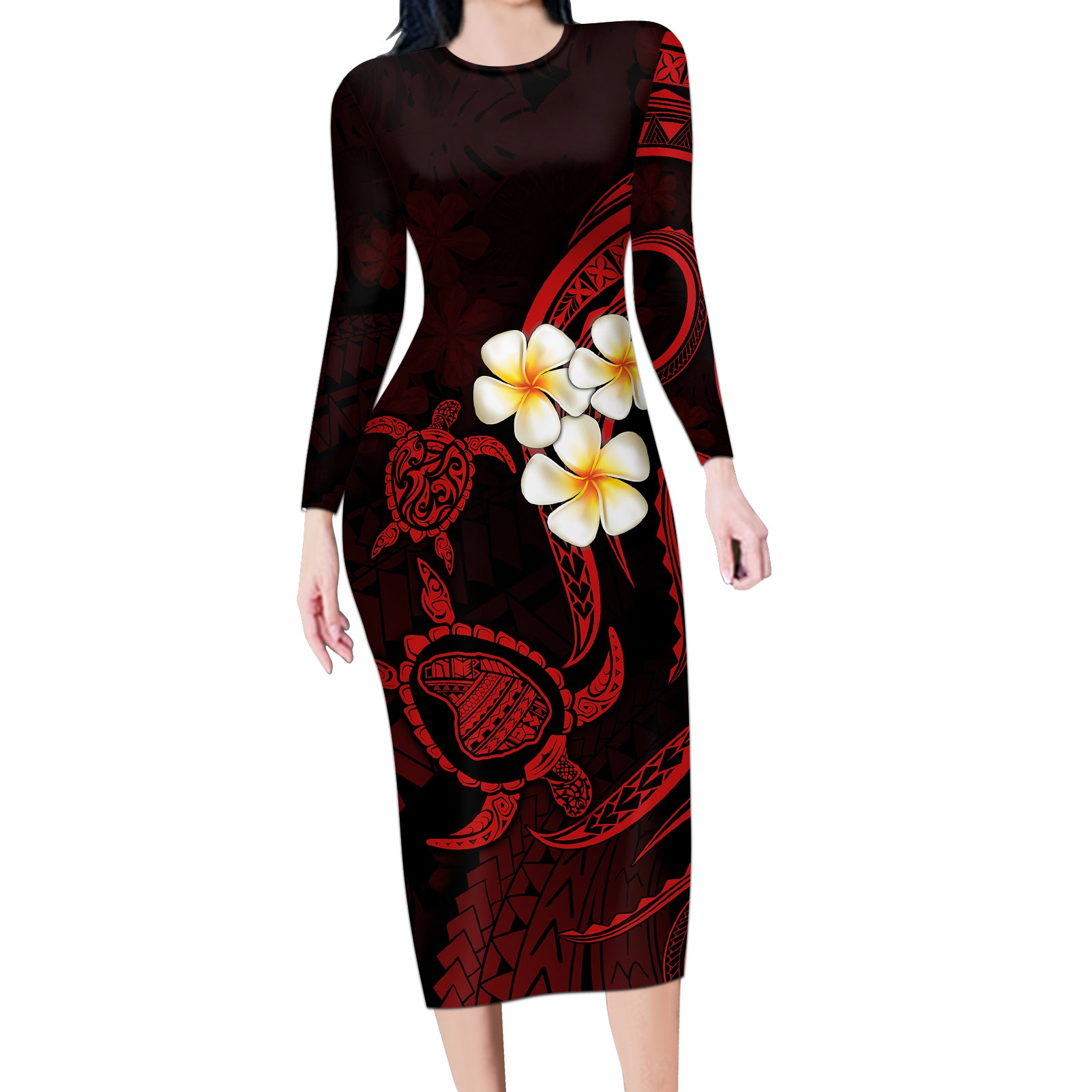 Polynesian Hawaii Long Sleeve Bodycon Dress Lanai Islands with Pacific Plumeria Red Vibe - Wonder Print Shop