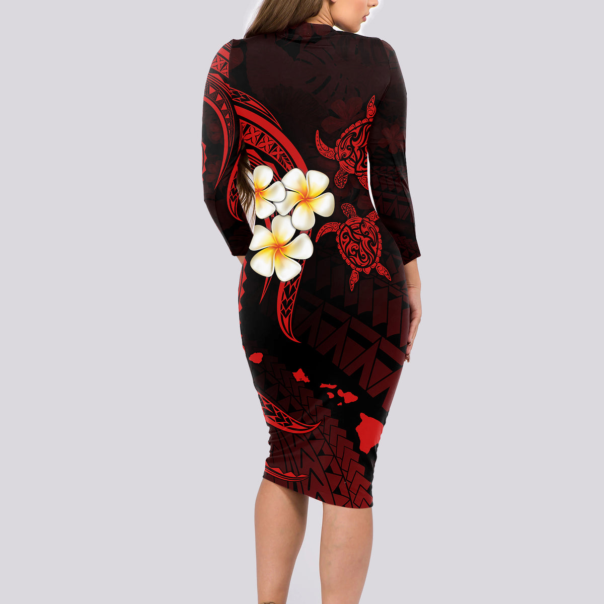 Polynesian Hawaii Long Sleeve Bodycon Dress Lanai Islands with Pacific Plumeria Red Vibe - Wonder Print Shop