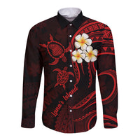 Polynesian Hawaii Long Sleeve Button Shirt Lanai Islands with Pacific Plumeria Red Vibe - Wonder Print Shop