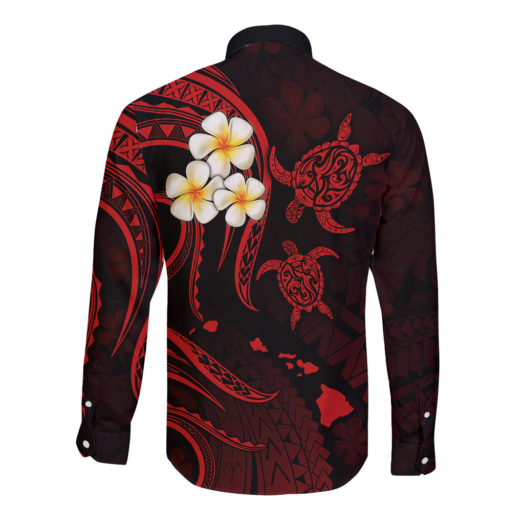 Polynesian Hawaii Long Sleeve Button Shirt Lanai Islands with Pacific Plumeria Red Vibe - Wonder Print Shop