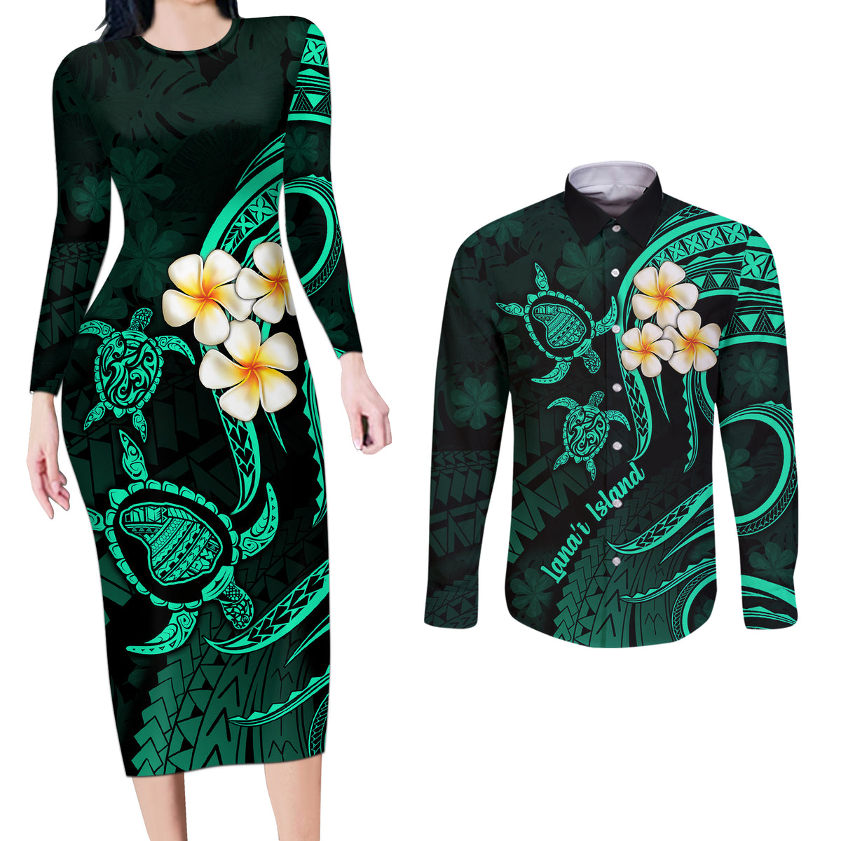 Polynesian Hawaii Couples Long Sleeve Bodycon Dress and Long Sleeve Button Shirts Lanai Islands with Pacific Plumeria Turquoise Vibe LT9 - Wonder Print Shop