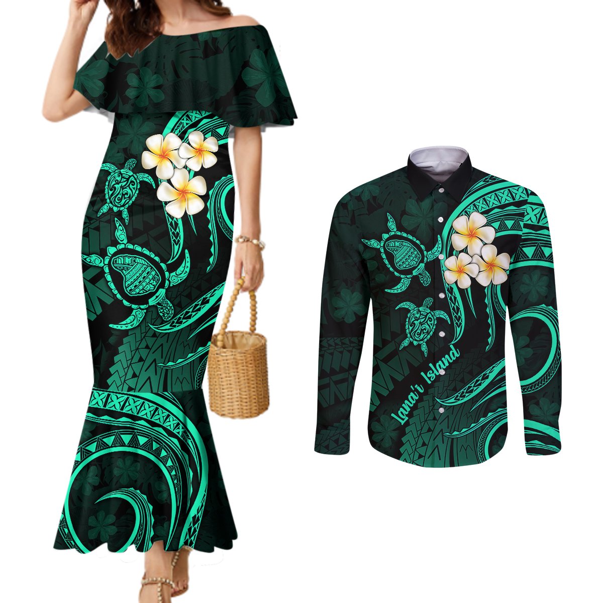 polynesian-hawaii-couples-mermaid-dress-and-long-sleeve-button-shirts-lanai-islands-with-pacific-plumeria-turquoise-vibe