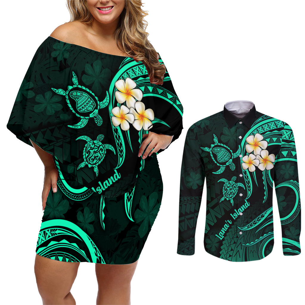 Polynesian Hawaii Couples Off Shoulder Short Dress and Long Sleeve Button Shirts Lanai Islands with Pacific Plumeria Turquoise Vibe LT9 - Wonder Print Shop