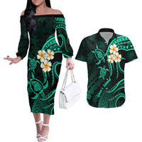 Polynesian Hawaii Couples Off The Shoulder Long Sleeve Dress and Hawaiian Shirt Lanai Islands with Pacific Plumeria Turquoise Vibe LT9 - Wonder Print Shop