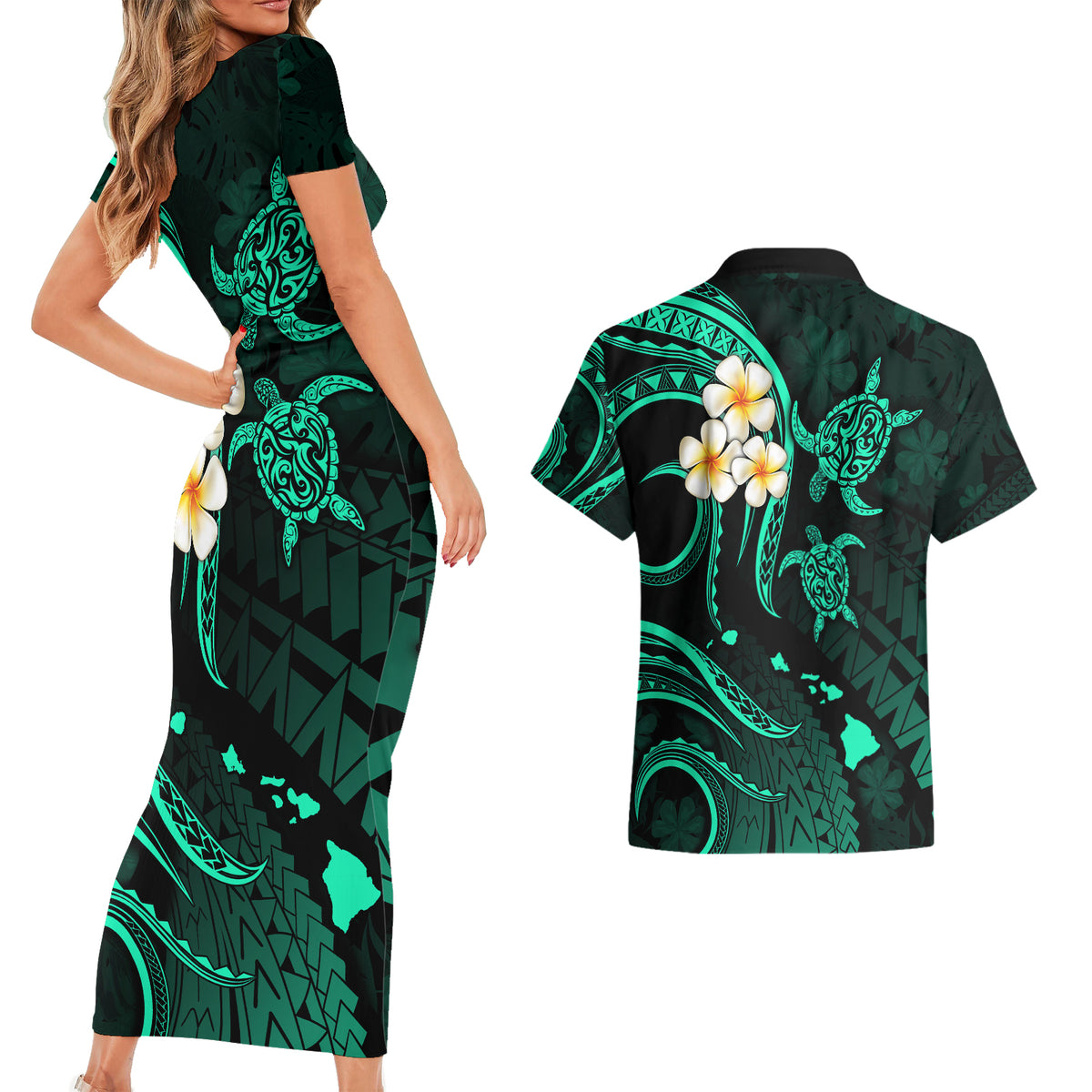 Polynesian Hawaii Couples Short Sleeve Bodycon Dress and Hawaiian Shirt Lanai Islands with Pacific Plumeria Turquoise Vibe LT9 - Wonder Print Shop