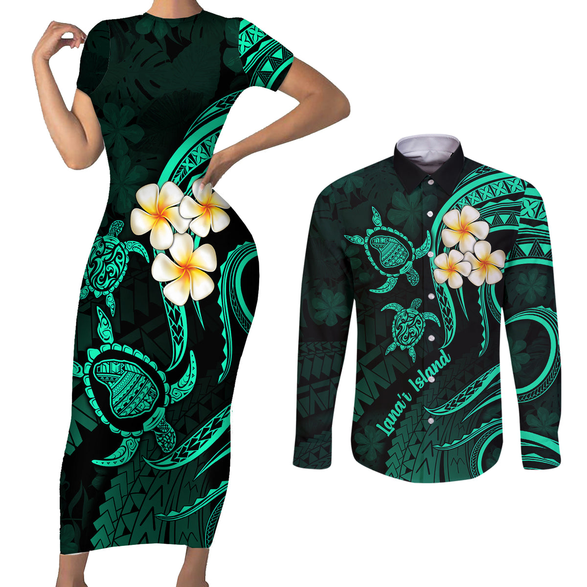 Polynesian Hawaii Couples Short Sleeve Bodycon Dress and Long Sleeve Button Shirts Lanai Islands with Pacific Plumeria Turquoise Vibe LT9 - Wonder Print Shop