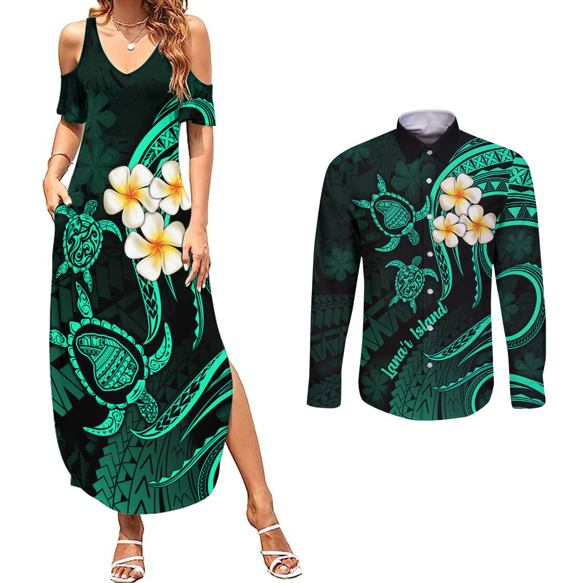 Polynesian Hawaii Couples Summer Maxi Dress and Long Sleeve Button Shirts Lanai Islands with Pacific Plumeria Turquoise Vibe LT9 - Wonder Print Shop