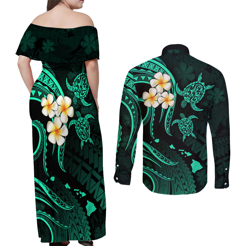 Polynesian Hawaii Couples Off Shoulder Maxi Dress and Long Sleeve Button Shirts Lanai Islands with Pacific Plumeria Turquoise Vibe LT9 - Wonder Print Shop