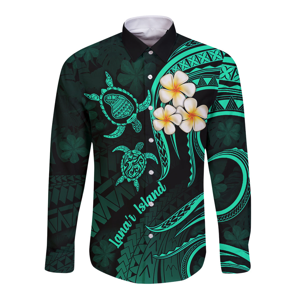 Polynesian Hawaii Long Sleeve Button Shirt Lanai Islands with Pacific Plumeria Turquoise Vibe - Wonder Print Shop