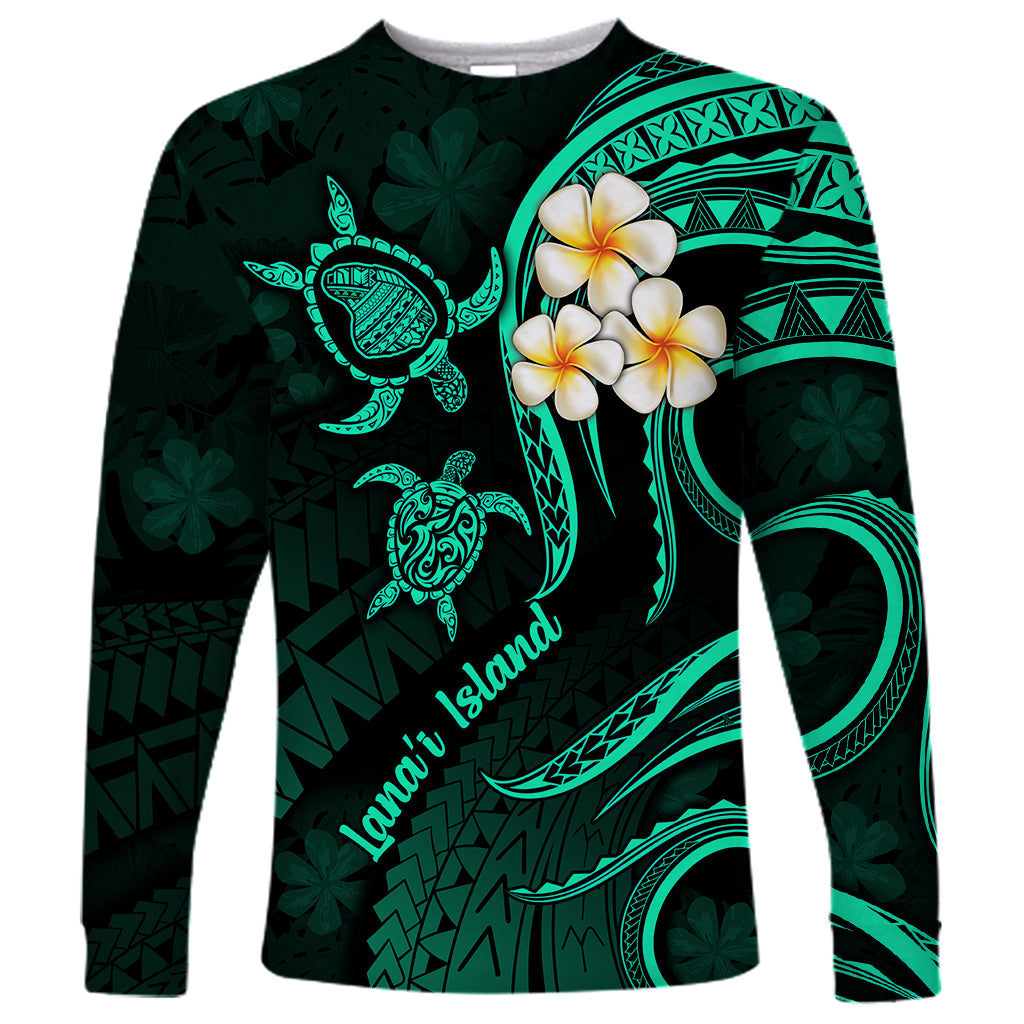 Polynesian Hawaii Long Sleeve Shirt Lanai Islands with Pacific Plumeria Turquoise Vibe - Wonder Print Shop