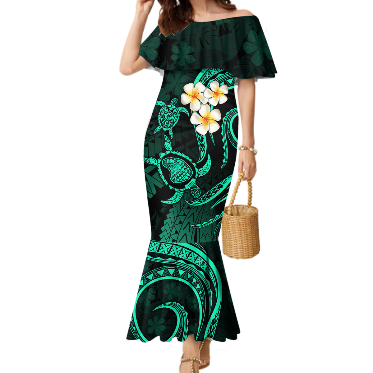 Polynesian Hawaii Mermaid Dress Lanai Islands with Pacific Plumeria Turquoise Vibe - Wonder Print Shop