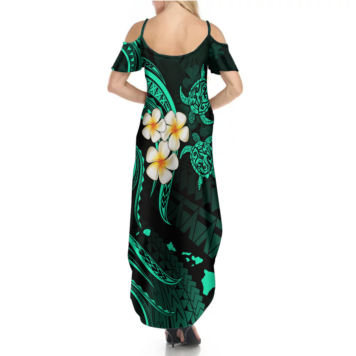 Polynesian Hawaii Summer Maxi Dress Lanai Islands with Pacific Plumeria Turquoise Vibe - Wonder Print Shop
