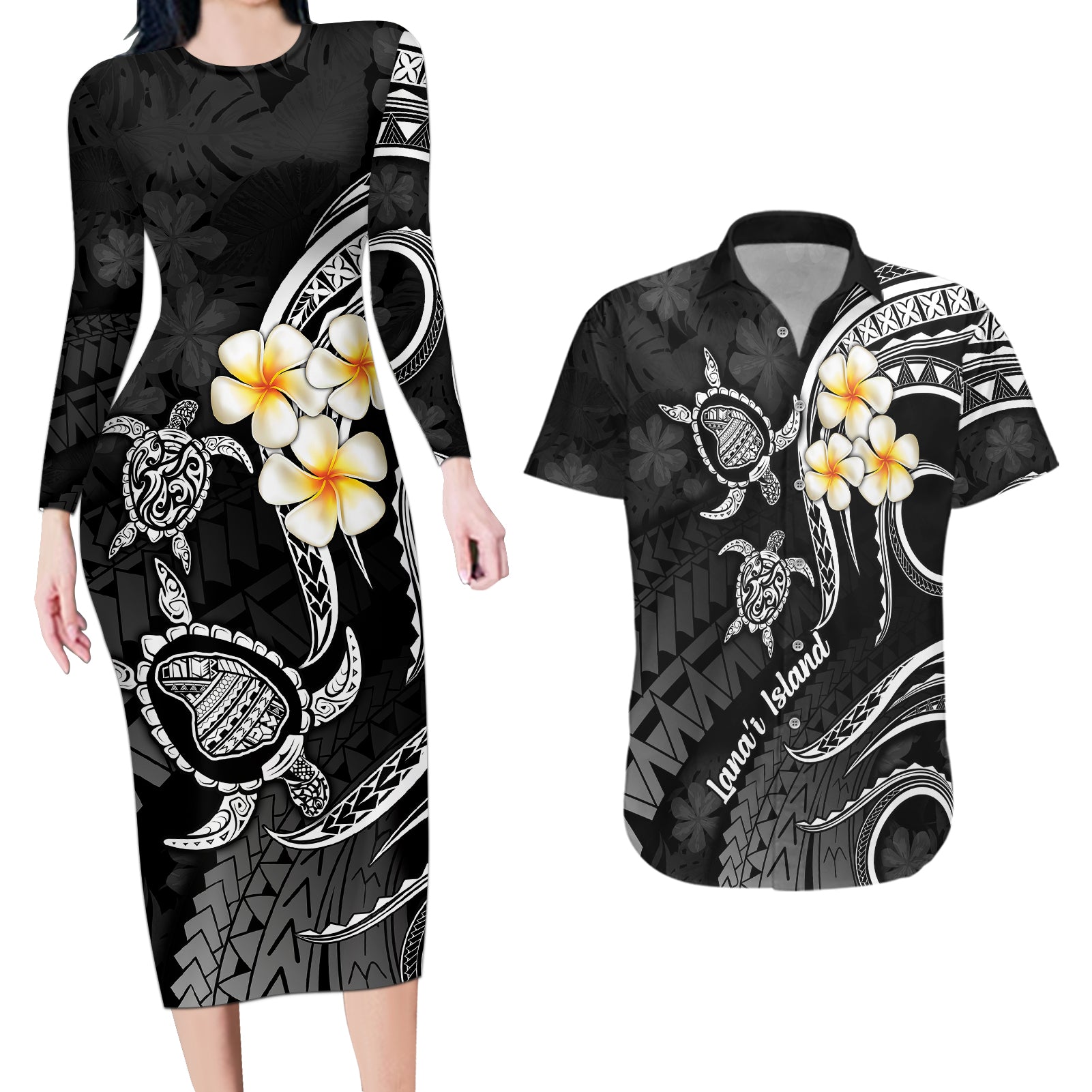 Polynesian Hawaii Couples Long Sleeve Bodycon Dress and Hawaiian Shirt Lanai Islands with Pacific Plumeria White Vibe LT9 - Wonder Print Shop