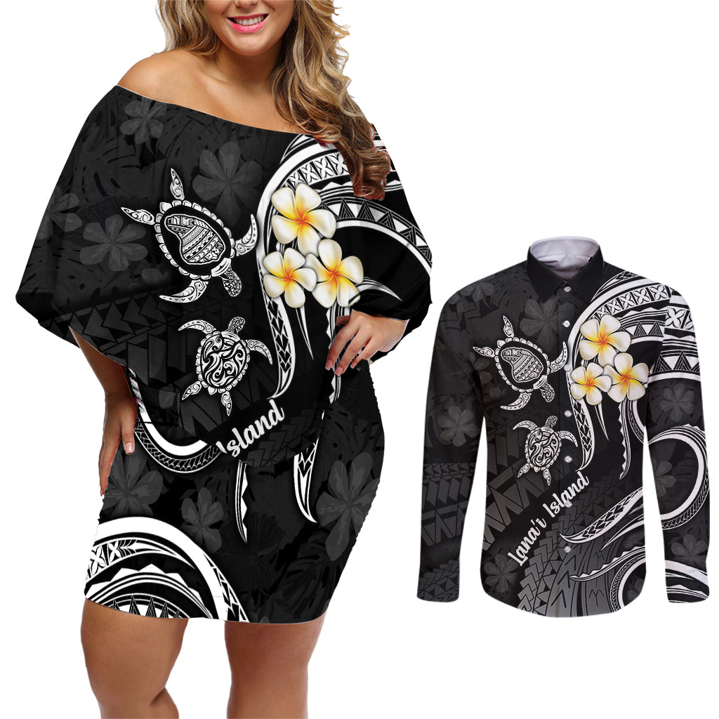 Polynesian Hawaii Couples Off Shoulder Short Dress and Long Sleeve Button Shirts Lanai Islands with Pacific Plumeria White Vibe LT9 - Wonder Print Shop