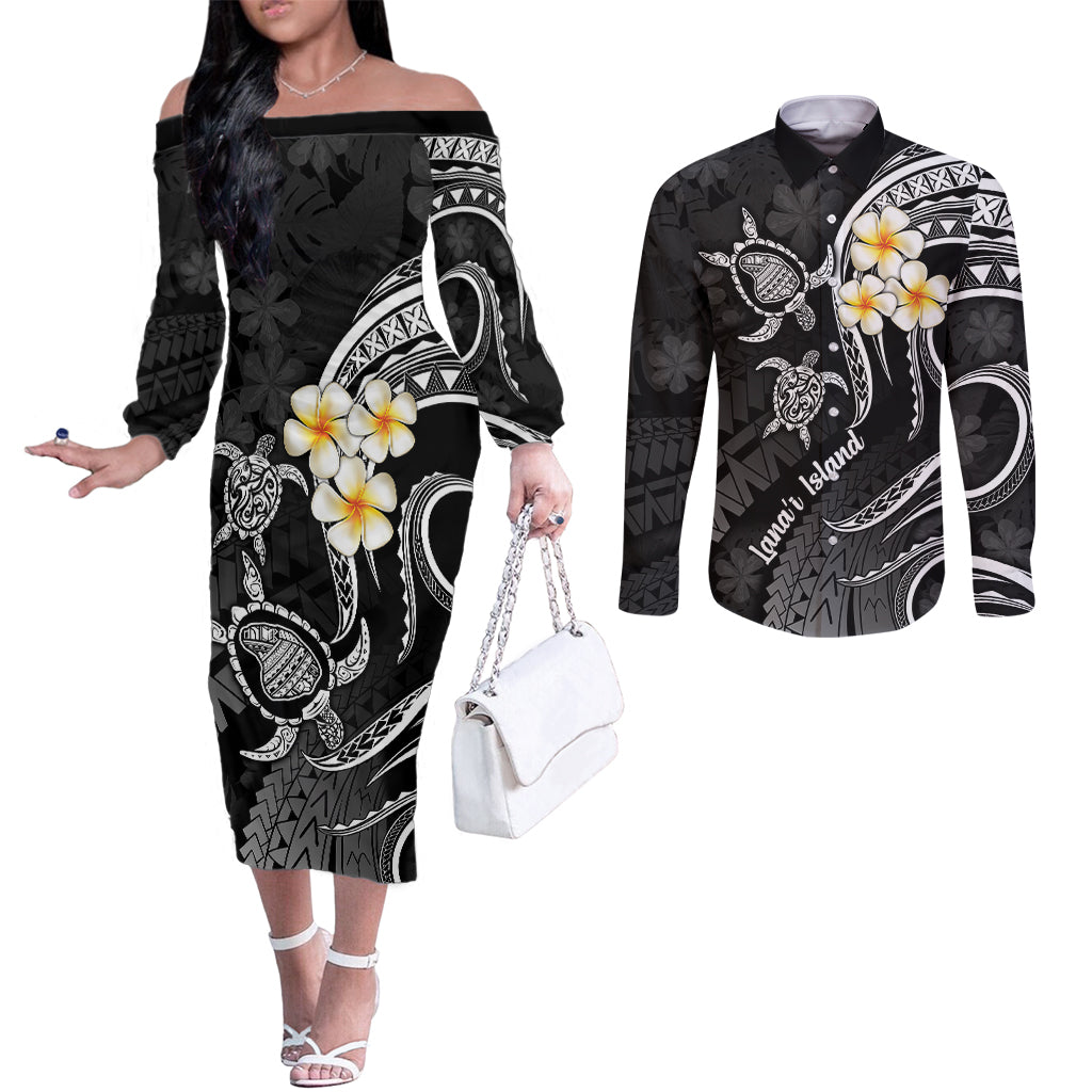 polynesian-hawaii-couples-off-the-shoulder-long-sleeve-dress-and-long-sleeve-button-shirts-lanai-islands-with-pacific-plumeria-white-vibe