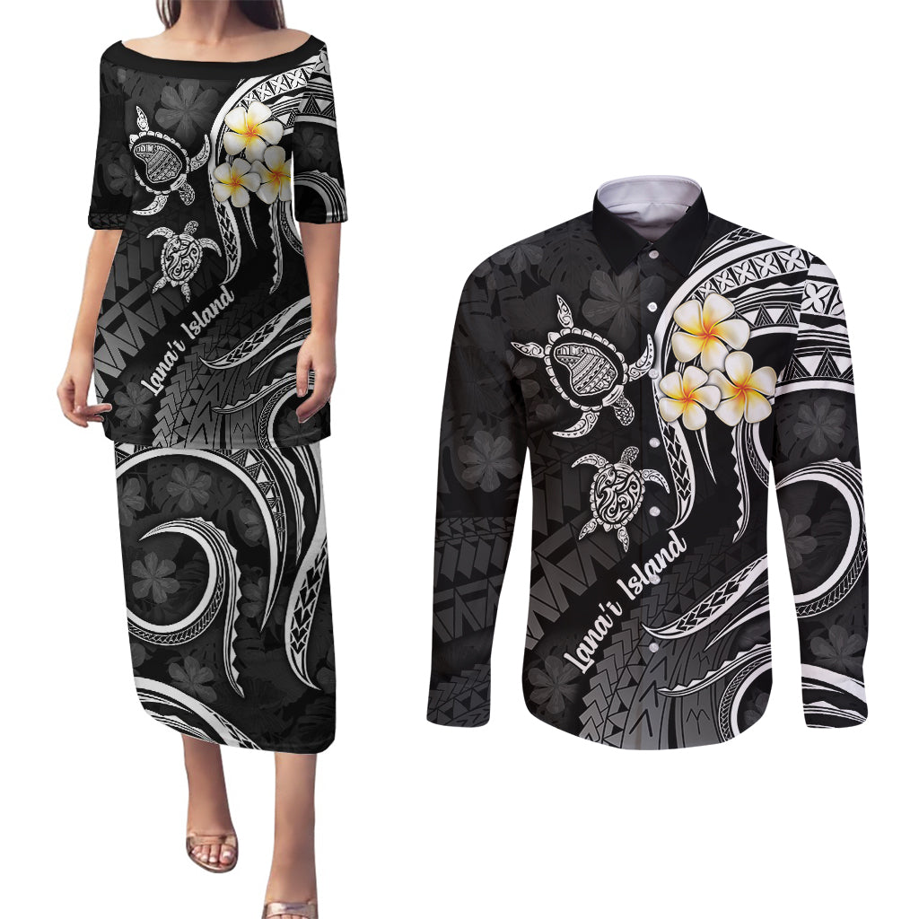 Polynesian Hawaii Couples Puletasi Dress and Long Sleeve Button Shirts Lanai Islands with Pacific Plumeria White Vibe LT9 - Wonder Print Shop