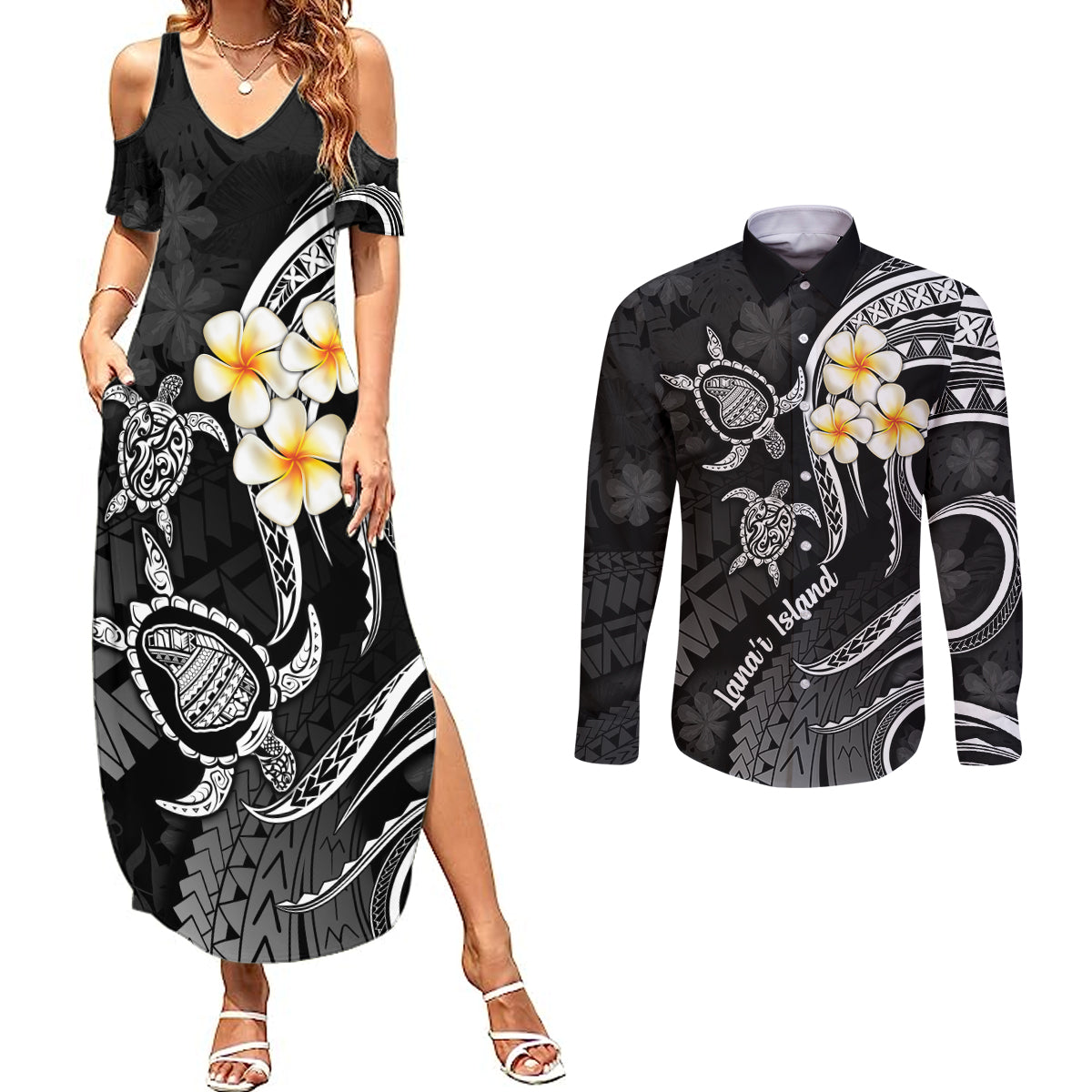 Polynesian Hawaii Couples Summer Maxi Dress and Long Sleeve Button Shirts Lanai Islands with Pacific Plumeria White Vibe LT9 - Wonder Print Shop
