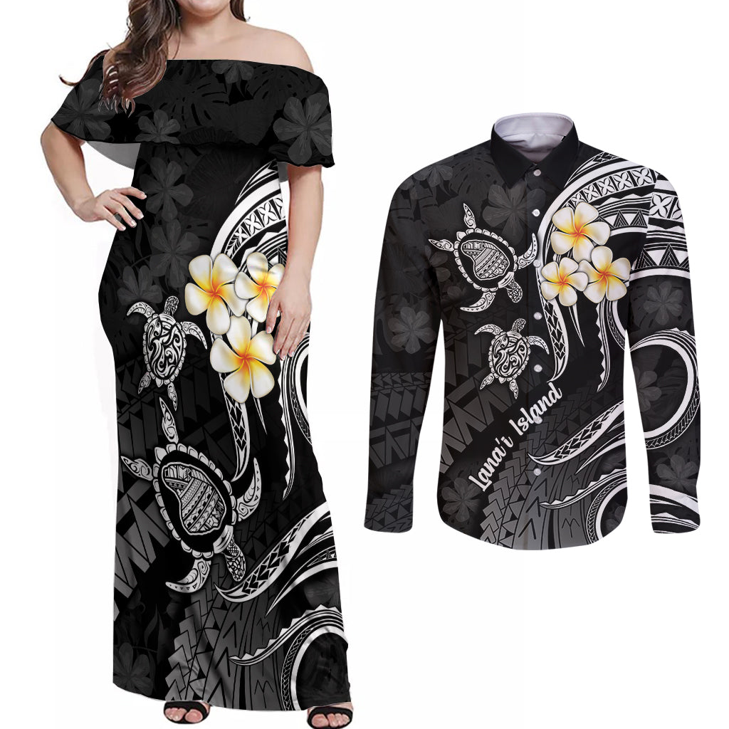 Polynesian Hawaii Couples Off Shoulder Maxi Dress and Long Sleeve Button Shirts Lanai Islands with Pacific Plumeria White Vibe LT9 - Wonder Print Shop