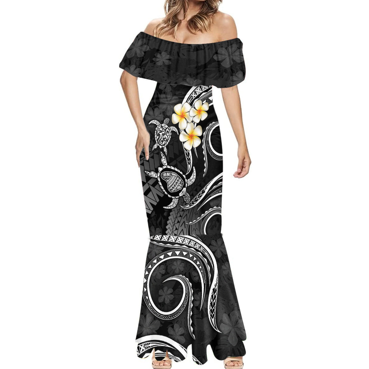 Polynesian Hawaii Mermaid Dress Lanai Islands with Pacific Plumeria White Vibe - Wonder Print Shop