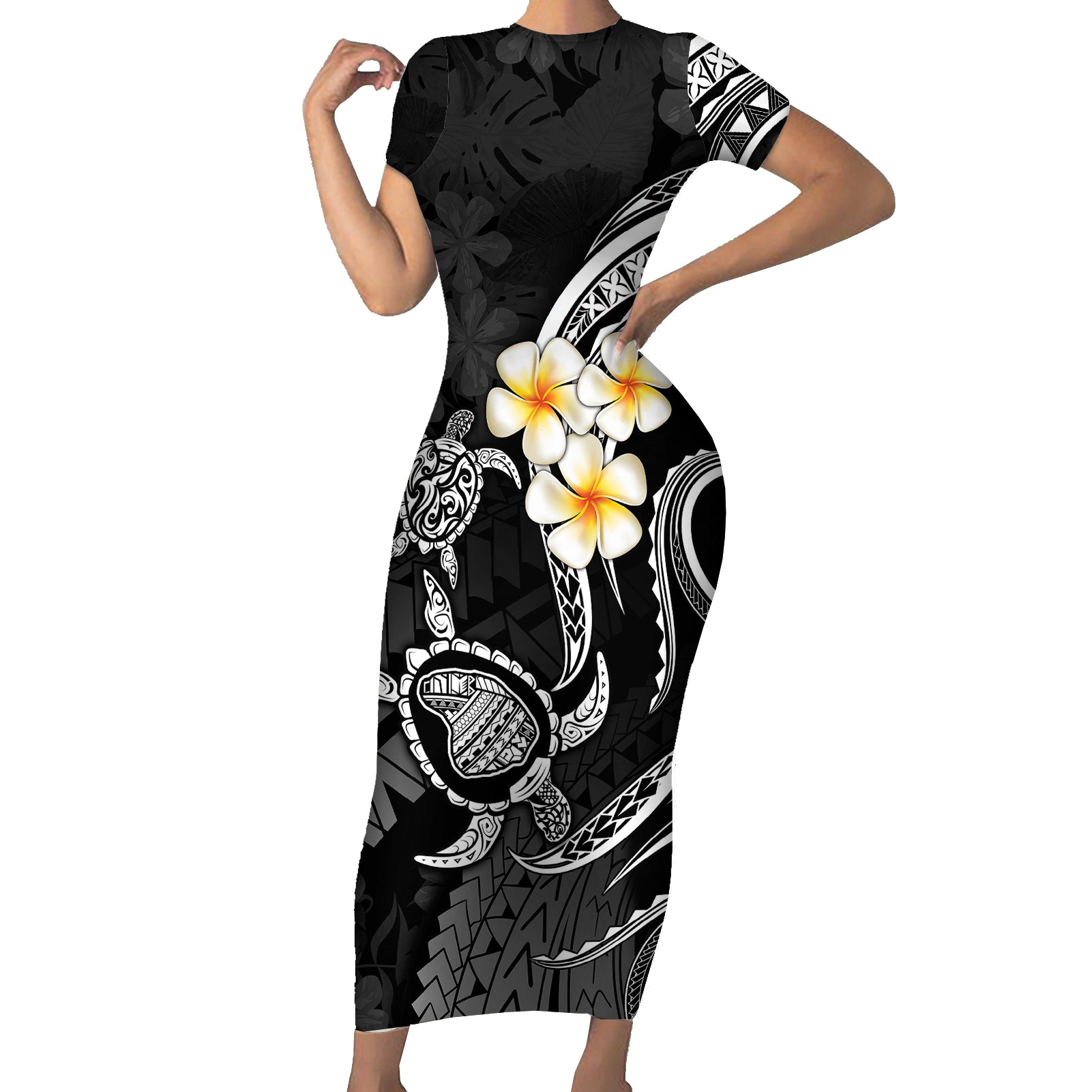 Polynesian Hawaii Short Sleeve Bodycon Dress Lanai Islands with Pacific Plumeria White Vibe - Wonder Print Shop