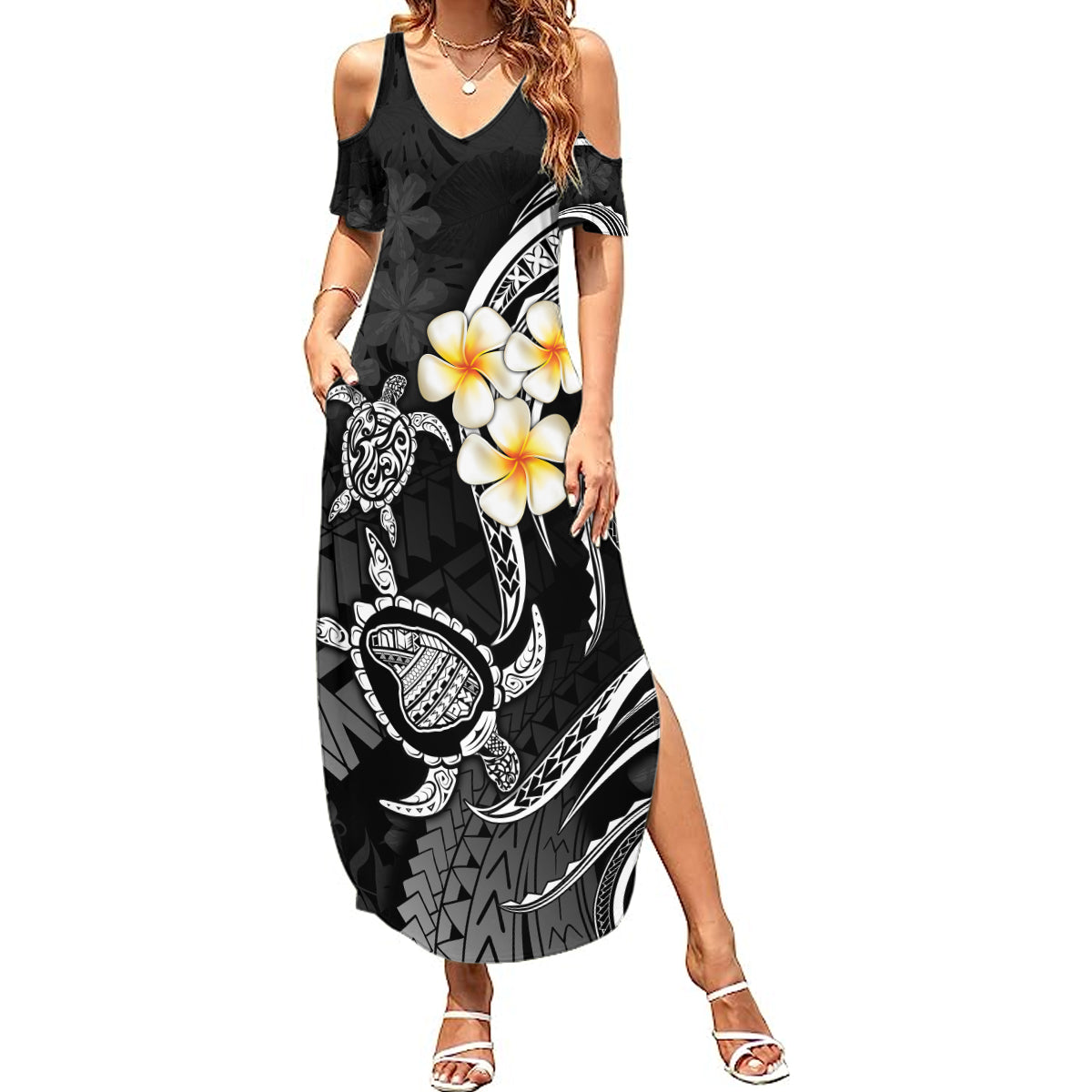 Polynesian Hawaii Summer Maxi Dress Lanai Islands with Pacific Plumeria White Vibe - Wonder Print Shop